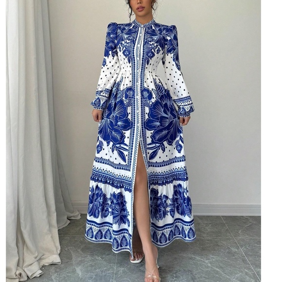 Dresses & Skirts - Boho Floral Print Puff Long Sleeve Button Down Frill Neck Maxi Dress